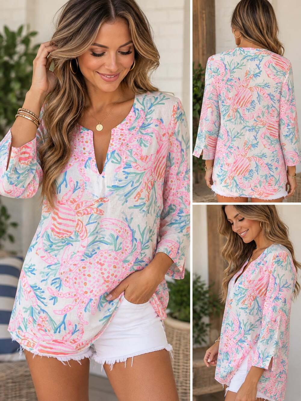 Lilly Pulitzer Amelia Island Tunic Size M Resort White Pink Crab Blue Top